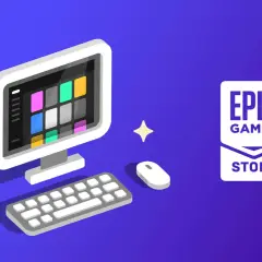 Ilustracja przedstawia komputer z klawiaturą i myszką, obok logo Epic Games Store. Dowiedz się, jak zainstalować grę na laptopie bez napędu.
