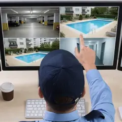 Vigilante supervisa cámaras de seguridad de garajes, piscina y pasillos, garantizando el control de acceso en la comunidad de propietarios.