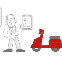 Mechanik z listą kontrolną obok czerwonego motoroweru, narzędzia, olej i kalendarz.