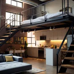 Un loft moderno con soppalco in legno, letto sopra la cucina, scale a vista e un divano blu. Ottime idee per soppalco in legno.