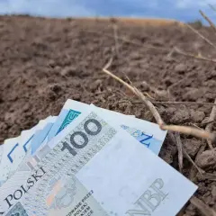 Pieniądze leżą na ziemi, symbolizując trud rolnika i jego ubezpieczenie społeczne.