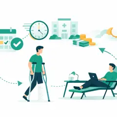Ilustracja przedstawia proces rehabilitacji i finansowania. Zastanawiasz się, urlop rehabilitacyjny ile płatny? Obrazek pokazuje kalendarz, zegar, szpital, pieniądze i osobę na wózku.