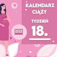 Kobieta w 18. tygodniu ciąży, z brzuszkiem i kalendarzem.