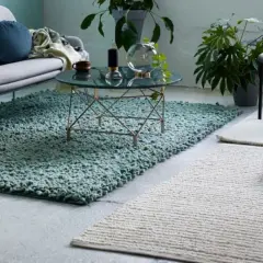 Zwei Teppiche in einem Raum: ein mintgrüner, flauschiger Teppich und ein cremefarbener, gestreifter Teppich.