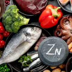 Zink ist wichtig für das Immunsystem. Auf dem Bild sind zinkreiche Lebensmittel wie Fisch, Meeresfrüchte, Huhn, Leber, Nüsse und Samen zu sehen.