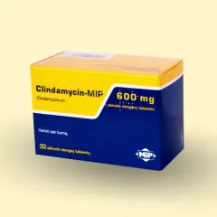 Opakowanie leku Clindamycin-MIP 600 mg, zawierające 32 tabletki powlekane.