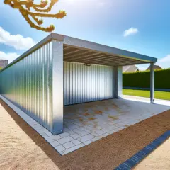 Nowoczesna wiata na 2 samochody projekt. Stalowa konstrukcja, proste linie, idealna do ogrodu.