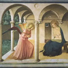 Annunciation fresco painting: Angel Gabriel kneels before the Virgin Mary, announcing her divine pregnancy.