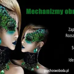 Dwie kobiety z pióropuszami na twarzach, symbolizujące mechanizmy obronne: projekcję, zaprzeczanie, rozszczepienie, regresję, sublimację, humor i identyfikację.