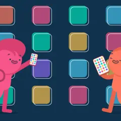 Zwei fröhliche Figuren mit Smartphones, die eine "study smarter app" nutzen, umgeben von bunten App-Icons.