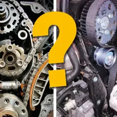 Motor med kedja och rem. En stor gul fråga undrar hur ofta ska man byta kamrem?
