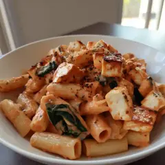 En skål med krämig halloumi pasta med spenat och kryddor.