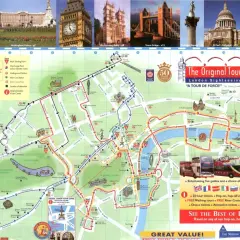 Mapa Londynu z zaznaczonymi atrakcjami i trasami autobusów turystycznych. Gdzie jest Londyn? Na mapie znajdziesz m.in. Pałac Buckingham, Big Ben i Tower Bridge.