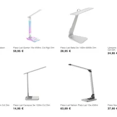 Variedad de flexos LED: uno blanco portátil, otro gamer RGB, un flexo verde metalizado Betel, lámpara Hadar, flexo con pinza Rigel, Canopus, Nelson Plata y Navia.