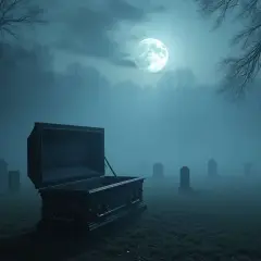 Cementerio brumoso bajo la luna llena, con un ataúd abierto invitando a soñar con él.