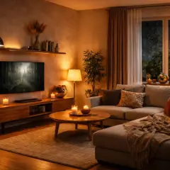 Przytulna aranżacja oświetlenie salonu. Ciepłe światło lamp i świec tworzy relaksującą atmosferę.
