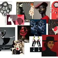 A vibrant mood board art collage featuring diverse imagery: a dancer, stylized faces, a ship, and graphic designs.
