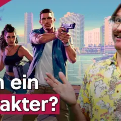 Der trailer gta 6 zeigt Charaktere vor einer Stadtkulisse. Ein Mann mit Waffe, eine Frau mit Koffer und ein Mann mit Hawaiihemd.