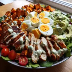 En stor, matig sallad med grillad kyckling, ägg, sötpotatis, avokado och tomater, toppad med en krämig dressing.