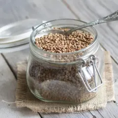 Bocal rempli de sarrasin, une céréale polyvalente, avec une cuillère en argent.