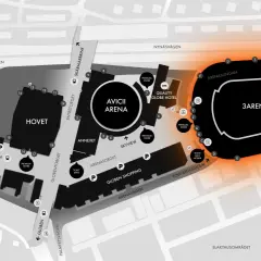 Karta över Tele2 Arena och närliggande områden. Visar entréer, hotell och shopping inför en konsert.