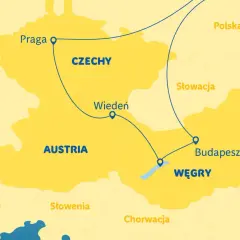 Mapa Europy Środkowej z zaznaczoną trasą wycieczki Praga-Wiedeń-Budapeszt. Idealna na wycieczkę 3 dni!