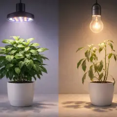 Dwie rośliny w doniczkach: jedna pod lampą LED do uprawy, druga pod tradycyjną żarówką. Czy lampy do uprawy roślin są szkodliwe dla ludzi?