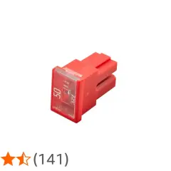Fusibile rosso da 50A, 32V. Serve a proteggere i circuiti da sovraccarichi e cortocircuiti, evitando danni ai dispositivi.