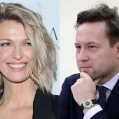 Uśmiechnięta Magda Mołek z mężem, który zamyślony opiera dłoń na brodzie.