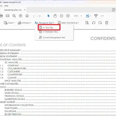 Menu Adobe OCR: opcja "Rozpoznaj tekst w tym pliku" jest podświetlona. Widoczny spis treści dokumentu "marketing-plan_Copy.pdf".