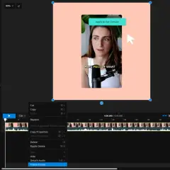 Animacja poklatkowa z kobietą, która klika "Apply AI Eye Contact". Widać panel edycji wideo.