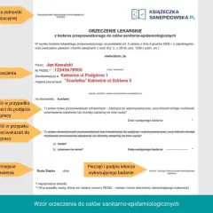 Orzeczenie lekarskie dla Jana Kowalskiego, kucharza, potwierdzające brak przeciwwskazań do pracy. Dokument ten jest częścią procesu wyrobienia książeczki sanepidowskiej.