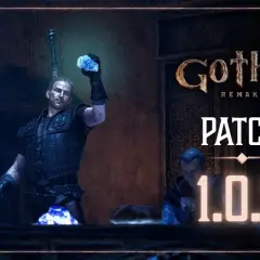 Gothic Remake Patch 1.0.3: Bohater z magicznym kryształem i towarzysze w mrocznym wnętrzu.