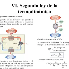 Diagrama de un refrigerador mostrando transferencia de calor y trabajo. Se explica el COP, que es el coeficiente de desempeño.