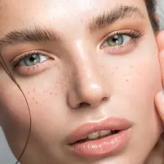 Un visage de femme aux yeux verts et aux taches de rousseur. La poudre libre matifie et fixe le maquillage pour un teint parfait.