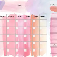 Planificador mensual imprimible con diseño acuarela rosa y morado. Ideal para organizar tu mes.