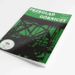 Okładka "Przeglądu Górniczego" z 7/2019, prezentująca abstrakcyjny wzór nawiązujący do rodzajów maszyn górniczych i ich pracy.