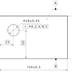 Rysunek techniczny z wymiarami i tolerancją pozycji otworu Ø20±0,05. Wymiary zewnętrzne 120±0,5 i 75±0,5.