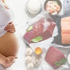 Schwanger mit Fokus auf Ernährung: Leber, Lachs, Garnelen, Milchprodukte und Eier gegen Vitamin B12 Mangel in der Schwangerschaft.