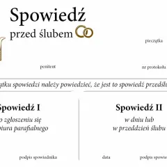 Dokument "Spowiedź przedślubna" z miejscem na dane penitenta, pieczątkę, protokół, daty i podpisy spowiednika.