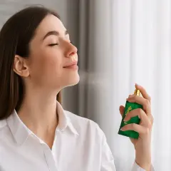 Kobieta z zamkniętymi oczami wdycha zapach perfum. Czuje, jak pachnie jaśmin, gdy rozpyla go na szyję.