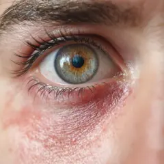 Œil humain avec paupière rouge et irritée, signe d'une allergie au mascara.