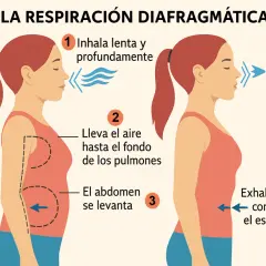 Ilustración de los pasos para una respiración consciente y diafragmática: inhalar profundo, llevar aire a los pulmones, abdomen se levanta, exhalar contrayendo estómago.