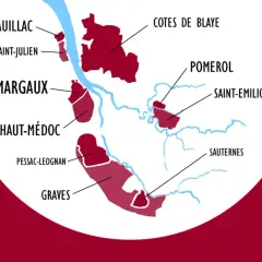 Carte des vignobles de Bordeaux, montrant les appellations célèbres pour leurs grands crus classés.
