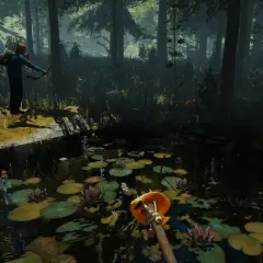 Postać z łukiem w lesie, gotowa do polowania. Klimat jak w najlepszych grach survival PC.
