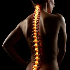 Płonący kręgosłup kobiety, symbolizujący bóle i potrzebę diagnostyki w kinezyterapii i masażu.