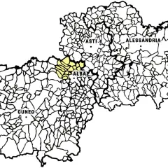 Mappa del Piemonte con evidenziata l'area del Roero Arneis DOCG, vicino ad Alba.