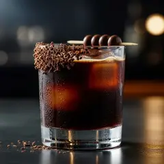 En isig black russian med chokladströssel på glaskanten och chokladkulor på en pinne.