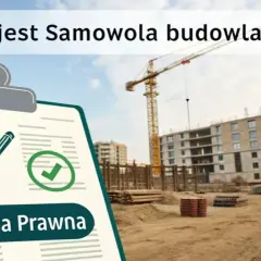Tablica z tekstem "Definicja Prawna" i symbolem zaznaczenia, na tle budowy z dźwigiem. Poznaj definicję samowoli budowlanej i uniknij kary.