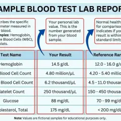 Przykładowy raport z badania krwi, pokazujący wyniki dla hemoglobiny, liczby czerwonych krwinek, białych krwinek, płytek krwi, glukozy i cholesterolu, wraz z normami. CEA.